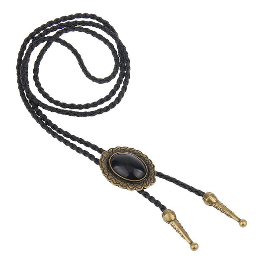 Oval Gemstone Bolo Bola Tie Rodeo Cowboy PU Leather Necktie Antique Bronze