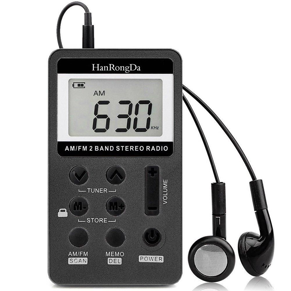 HRD-103 FM + AM Two Band Portable Radio with Lanyard & Headset (Black)