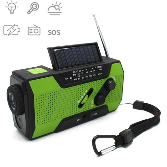 Multifunctional Hand Crank Solar Power LED Flashlight Full Band FM Radio Desk Lamp Alarm, Style:US Version NOAA (Green)
