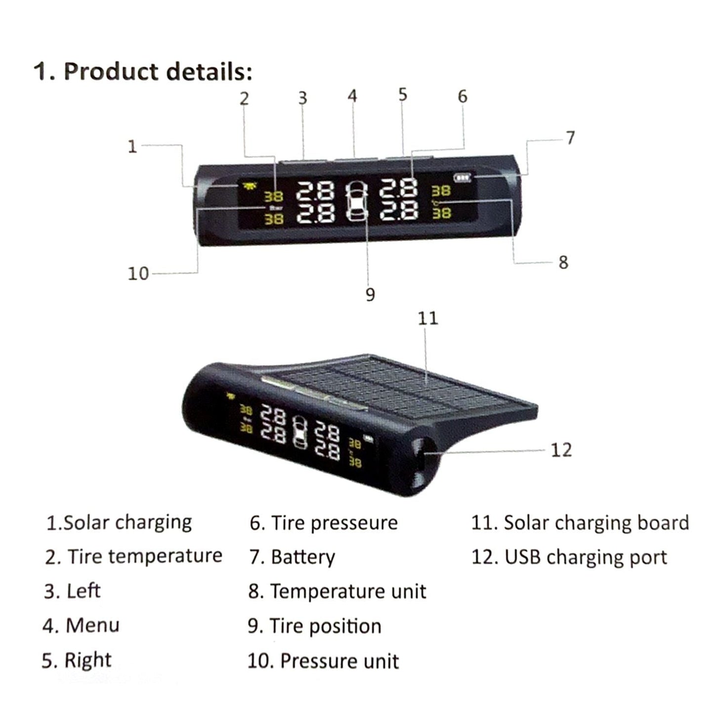 Solar TPMS Wireless Car Tire Pressure  Monitoring System