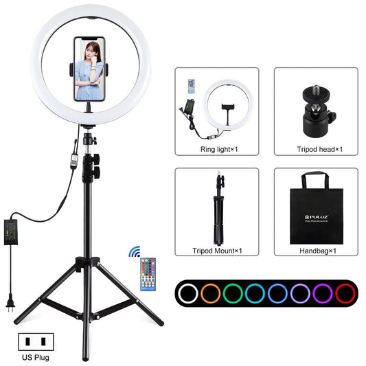 PULUZ 12 inch RGB Light 1.1m Tripod Mount Dimmable LED Ring Vlogging Selfie Photography Video Lights Live Broadcast Kits with Cold Shoe Tripod Ball Head & Phone Clamp (US Plug)