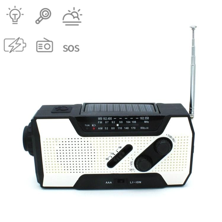 Multifunctional Hand Crank Solar Power LED Flashlight Full Band FM Radio Desk Lamp Alarm, Style:US Version NOAA (White)