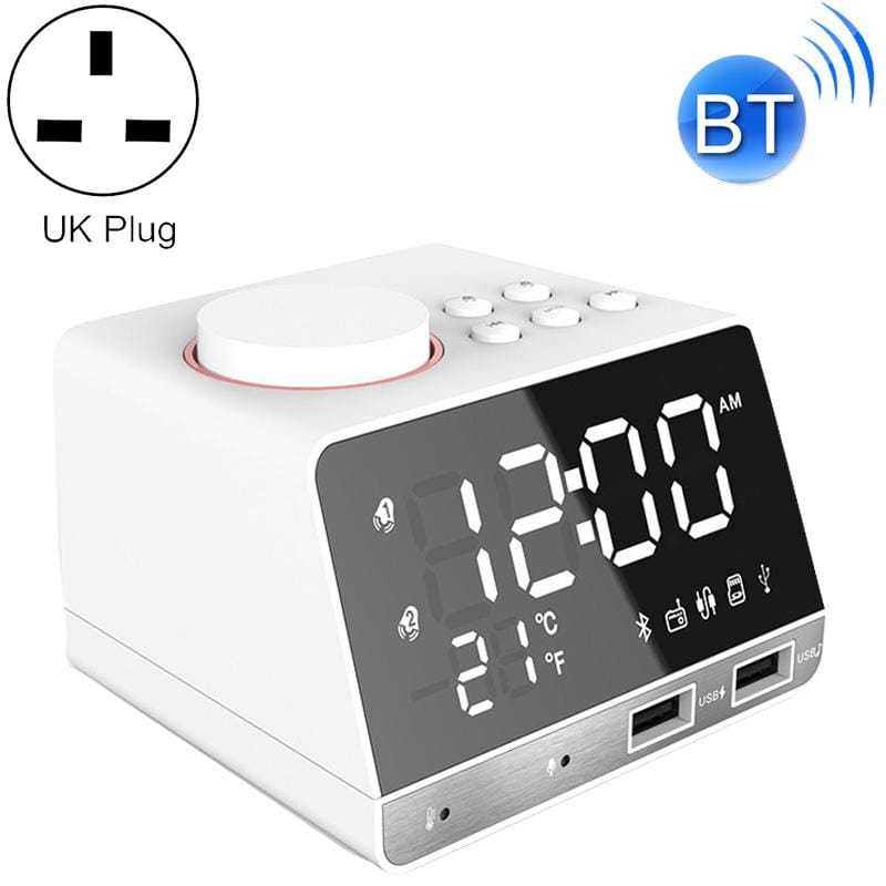 K11 Bluetooth Alarm Clock Speaker Creative Digital Music Clock Display Radio with Dual USB Interface, Support U Disk / TF Card / FM / AUX, UK Plug (White)