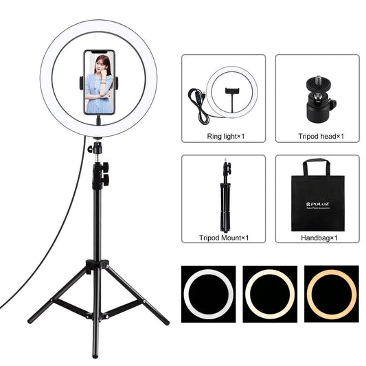 PULUZ 11.8 inch 30cm Light + 1.1m Tripod Mount 3 Modes Dimmable LED Ring Vlogging Video Light Live Broadcast Kits with Cold Shoe Tripod Ball Head & Phone Clamp (Black)