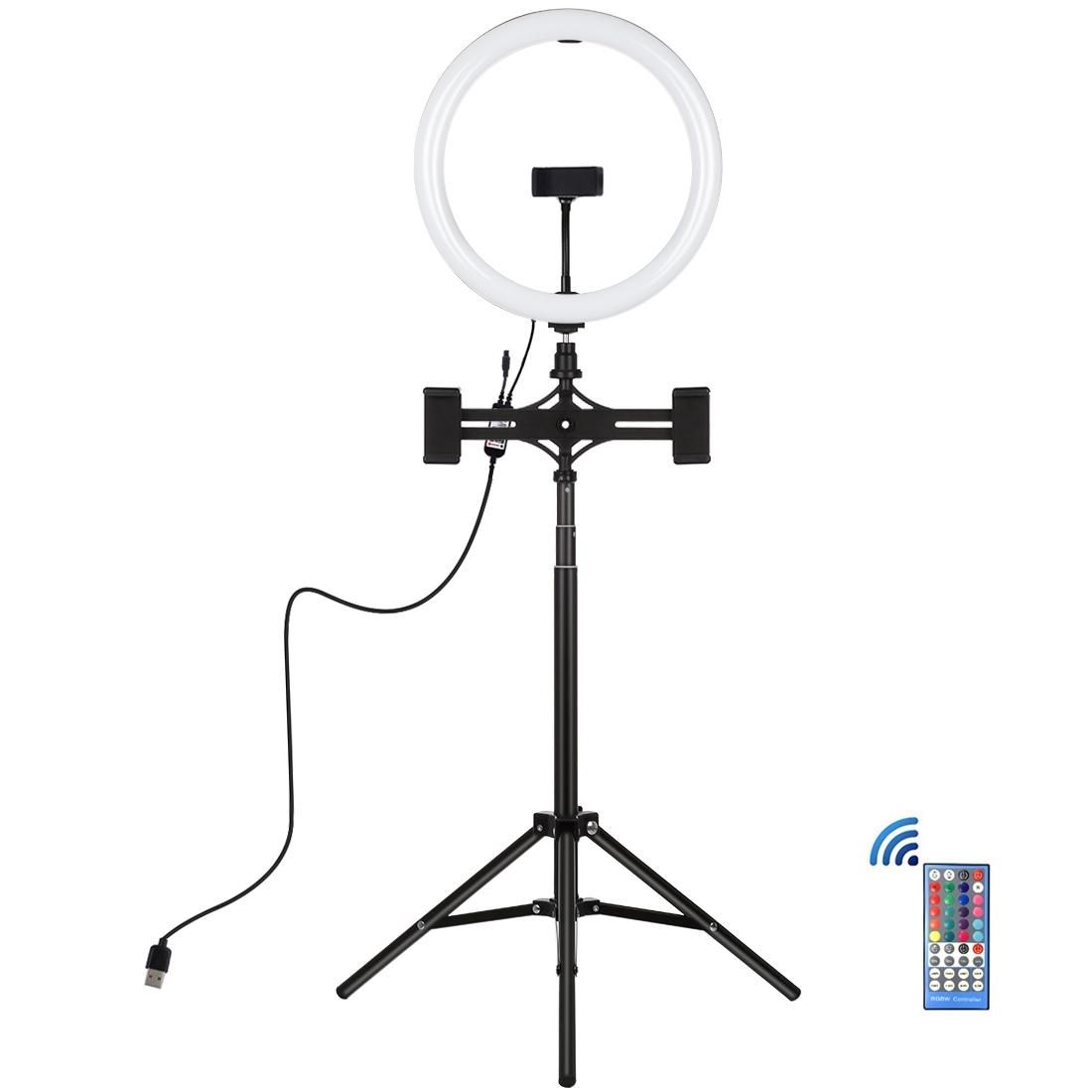 PULUZ 11.8 inch 30cm RGBW Light + 1.65m Mount + Dual Phone Brackets Curved Surface RGBW Dimmable LED Ring Vlogging Light  Live Broadcast Kits with Cold Shoe Tripod Adapter & Phone Clamp & Remote Control (Black)