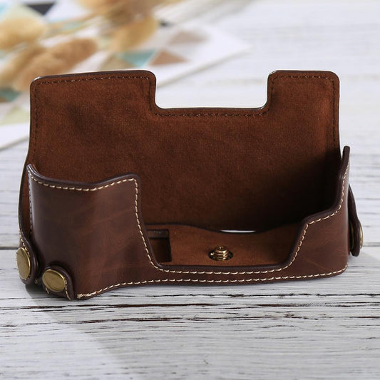 1/4 inch Thread PU Leather Camera Half Case Base for Olympus EM10 (Coffee)