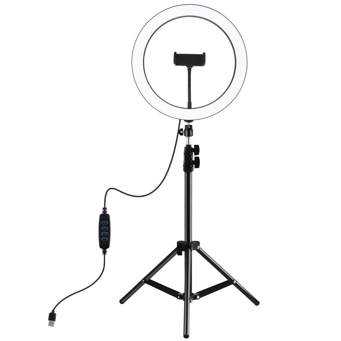 PULUZ 11.8 inch 30cm Light + 1.1m Tripod Mount 3 Modes Dimmable LED Ring Vlogging Video Light Live Broadcast Kits with Cold Shoe Tripod Ball Head & Phone Clamp (Black)
