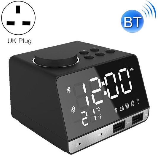 K11 Bluetooth Alarm Clock Speaker Creative Digital Music Clock Display Radio with Dual USB Interface, Support U Disk / TF Card / FM / AUX, UK Plug (Black)