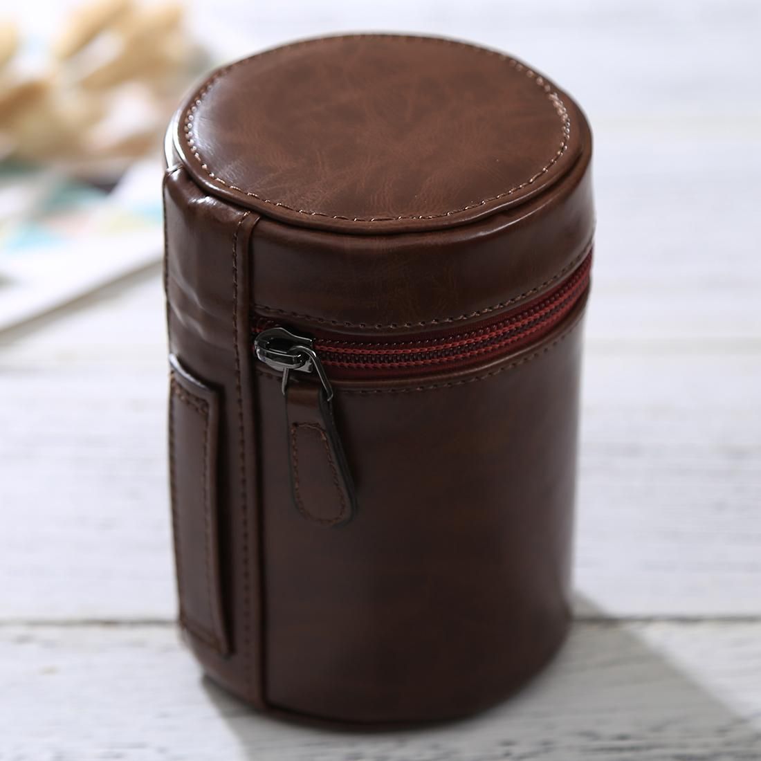 Medium Lens Case Zippered PU Leather Pouch Box for DSLR Camera Lens, Size: 13x9x9cm (Coffee)