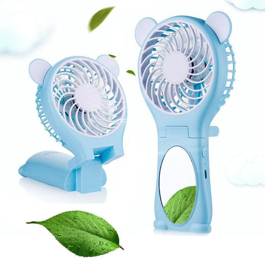 Bear Shaped Multi-function Portable Rechargeable Folding Mini USB Fan with Mirror (Baby Blue)