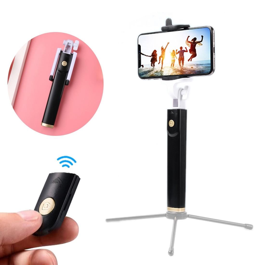K08 Portable Foldable Wireless Bluetooth Shutter Remote Selfie Stick for iPhone and Android Phones, Tripod is not Included (Black)