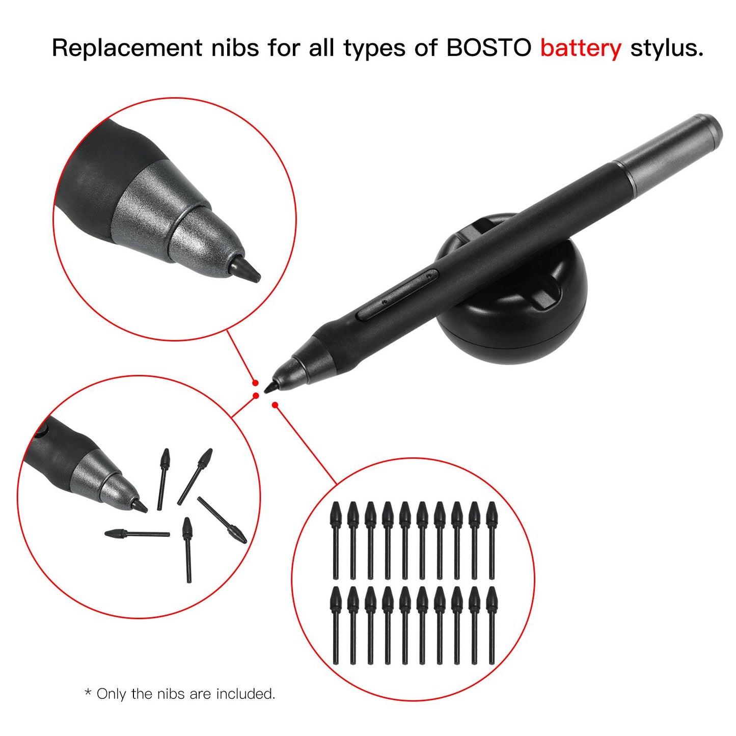 BOSTO 20pcs Replacement Nibs Pen Tips Compatible with All - Battery Stylus