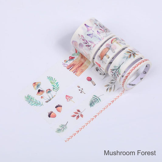 Washi Tape Set 4 Rolls 30mm 15mm 5mm Wide Decorative - Mushroom Forest