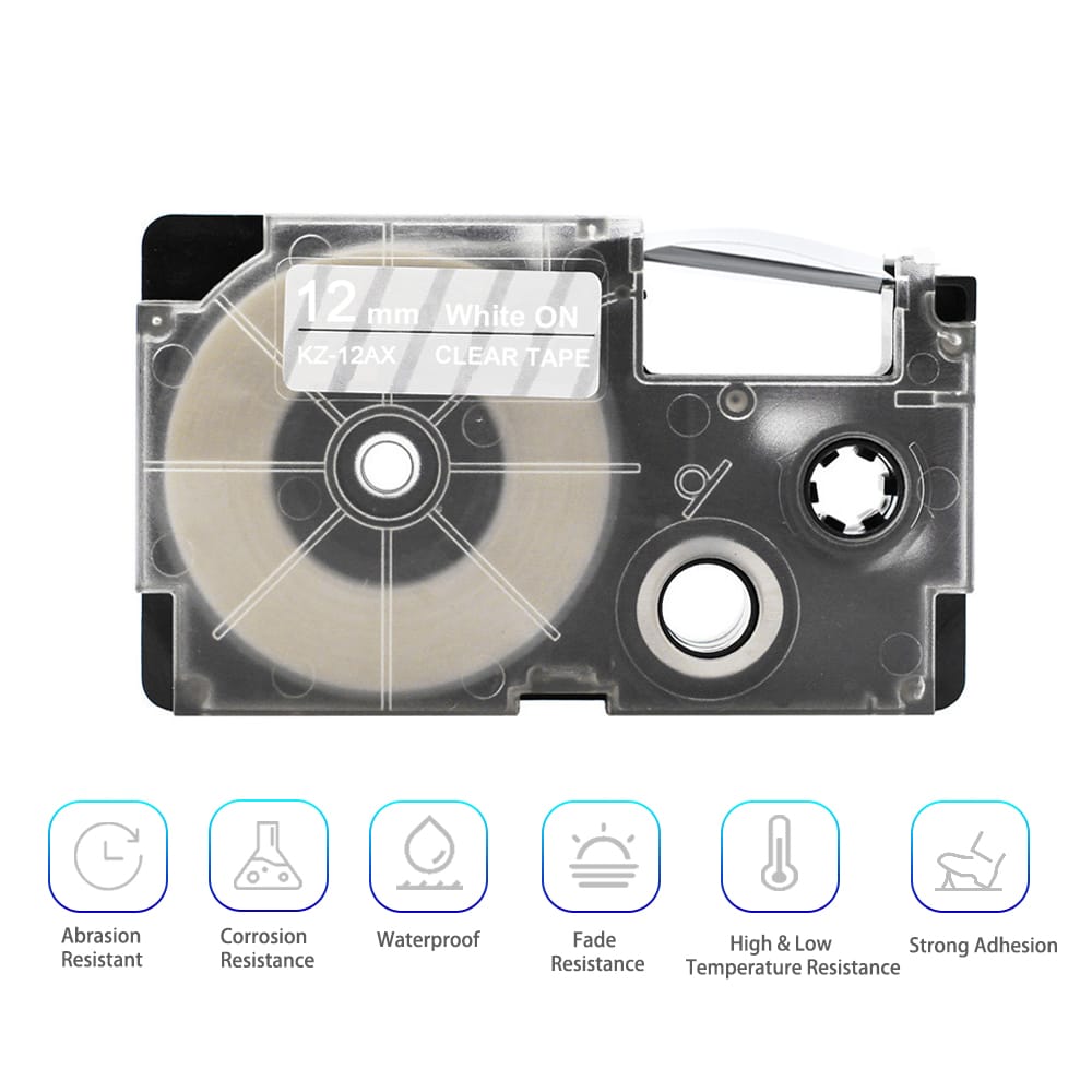12mm Label Tape Compatible Tape Cartridge Ribbon Replacement - 12mm White on Clear