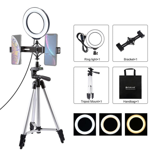 PULUZ Tripod Mount +  Live Broadcast Dual Phone Bracket + 6.2 inch 16cm LED Ring Vlogging Video Light Kits