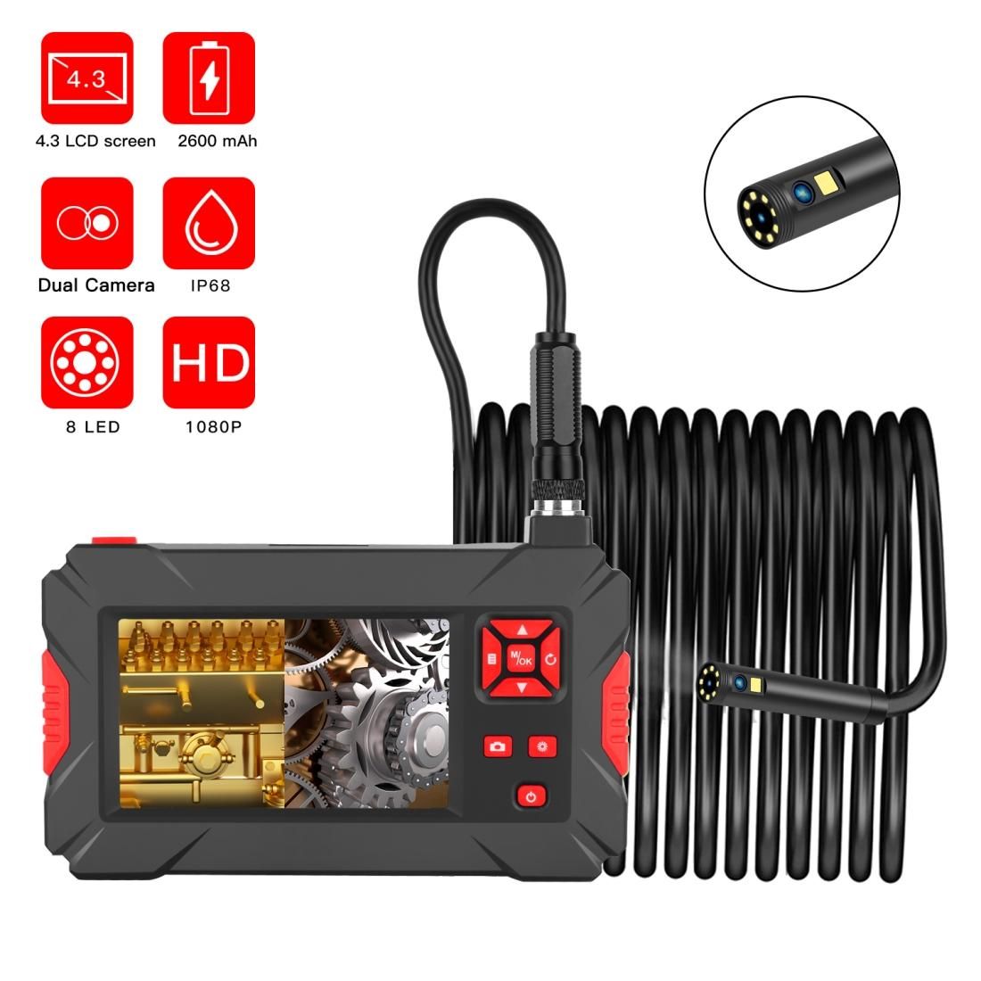 P30 8mm 1080P IP68 Waterproof 4.3 inch Screen Dual Camera Digital Endoscope, Length:5m Hard Cable (Black)