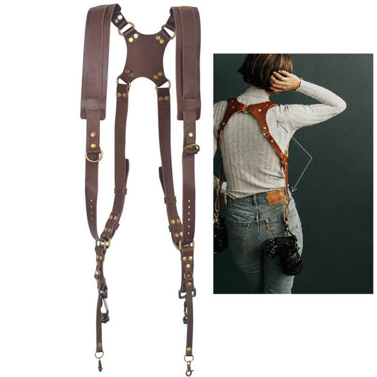 Quick Release Anti-Slip Dual Shoulder Genuine Leather Harness Camera Strap with Metal Hook for SLR / DSLR Cameras (Brown)
