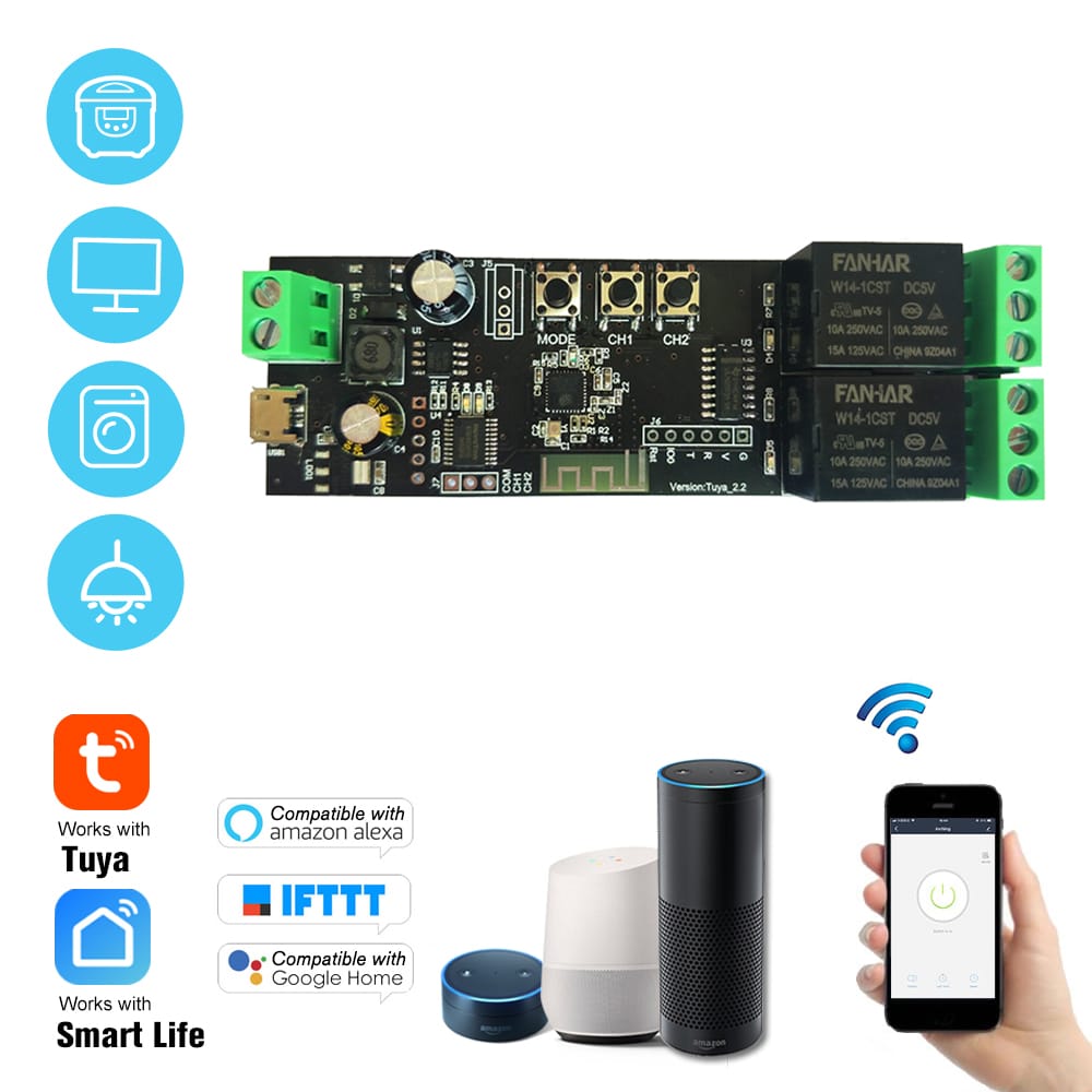 Tuya 2CH USB DC5V/7-32V WiFi Switch Wireless Relay Module