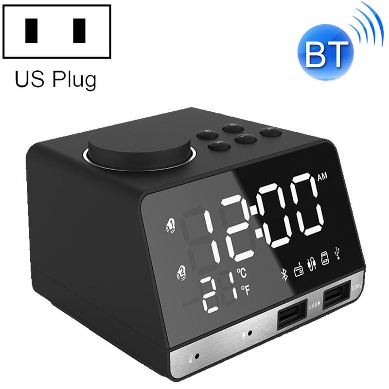 K11 Bluetooth Alarm Clock Speaker Creative Digital Music Clock Display Radio with Dual USB Interface, Support U Disk / TF Card / FM / AUX, US Plug (Black)
