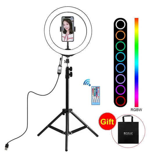 PULUZ 1.1m Tripod Mount + 10 inch 26cm RGBW LED Ring Vlogging Video Light  Live Broadcast Kits with Remote Control & Cold Shoe Tripod Ball Head & Phone Clamp (Black)