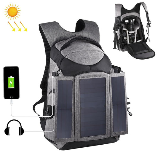 PULUZ 3-Fold 14W Solar Power Outdoor Portable Dual Shoulders Backpack Camera Bag with USB Port & Earphone Hole (Grey)