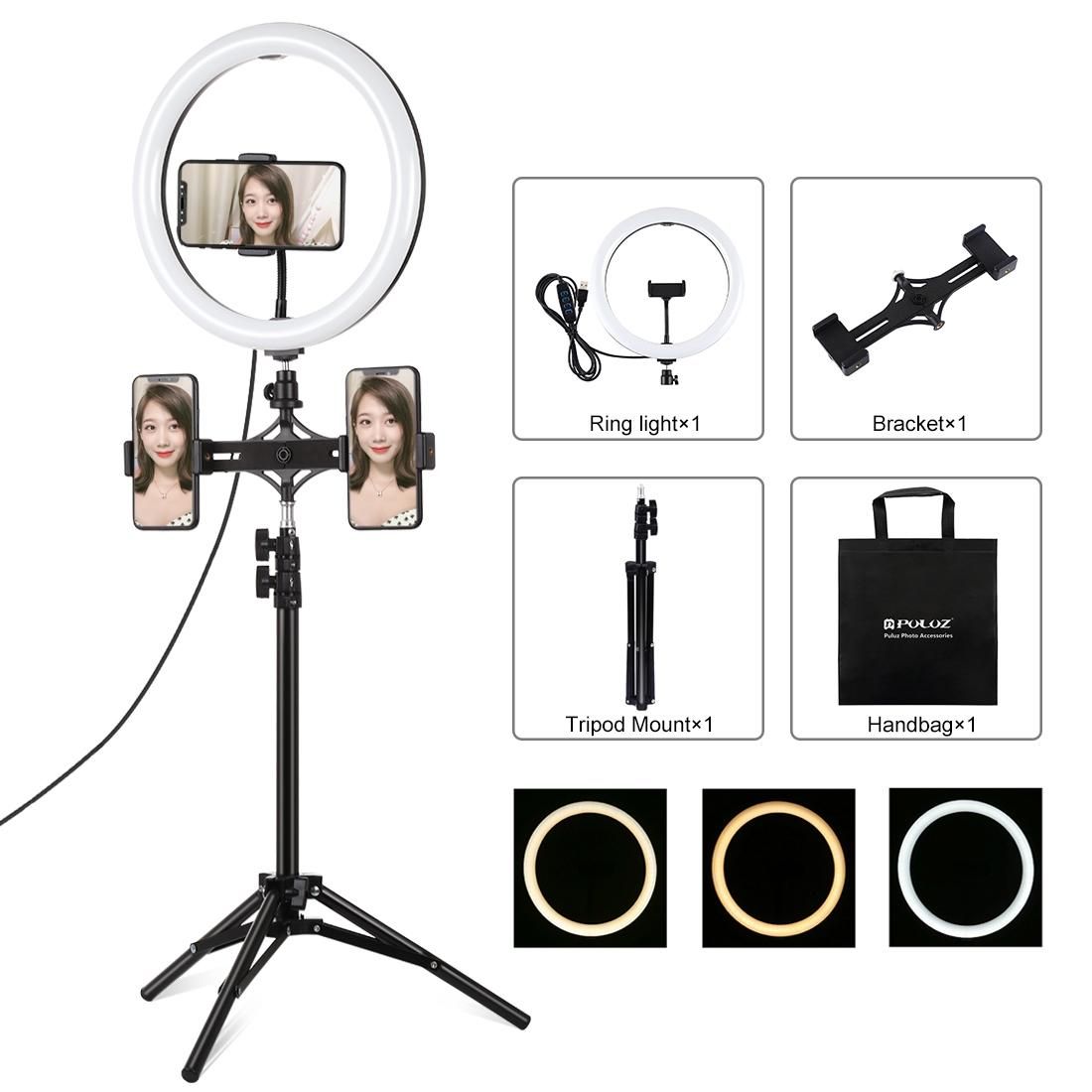 PULUZ 11.8 inch 30cm Light + 1.1m Tripod Mount + Dual Phone Brackets Curved Surface USB 3 Modes Dimmable Dual Color Temperature LED Ring Vlogging Video Light Live Broadcast Kits with Phone Clamp (Black)