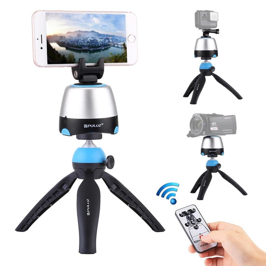 PULUZ Electronic 360 Degree Rotation Panoramic Head + Tripod Mount + GoPro Clamp + Phone Clamp with Remote Controller for Smartphones, GoPro, DSLR Cameras (Blue)