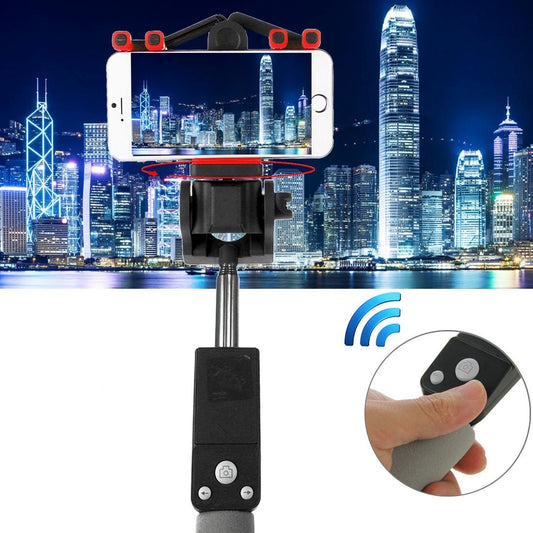Portable 360 Degrees Smart Rotation Bluetooth Wireless Selfie Stick Monopod Folding Extendable Handheld Holder with Glass & Hand Strap Hole & Cloth Bag for iOS & Android Phone, Folded Length: 25cm, Max Extension Length: 90cm (Black)