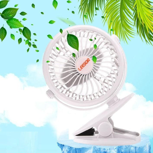 360 Degree Rotate Rechargeable Mini Battery Fan with Clip Style Base (White)