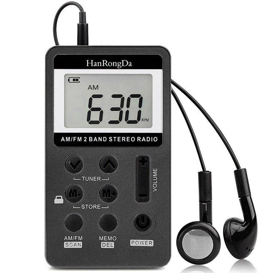 HRD-103 FM + AM Two Band Portable Radio with Lanyard & Headset (Black)