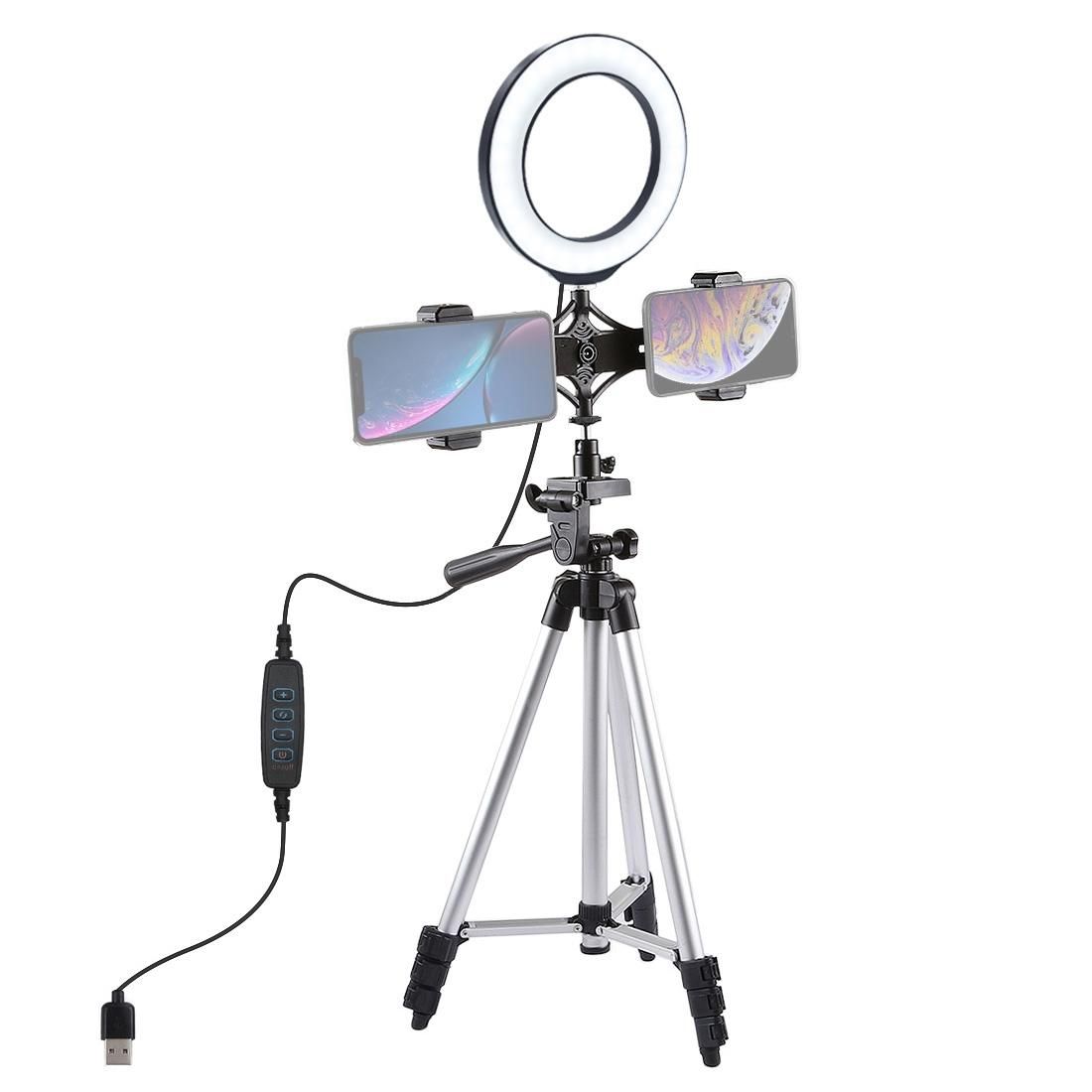 PULUZ Tripod Mount +  Live Broadcast Dual Phone Bracket + 6.2 inch 16cm LED Ring Vlogging Video Light Kits