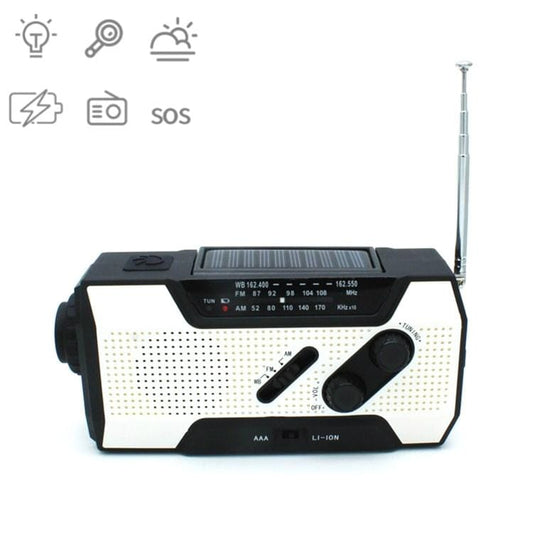 Multifunctional Hand Crank Solar Power LED Flashlight Full Band FM Radio Desk Lamp Alarm, Style:Ordinary Version (White)