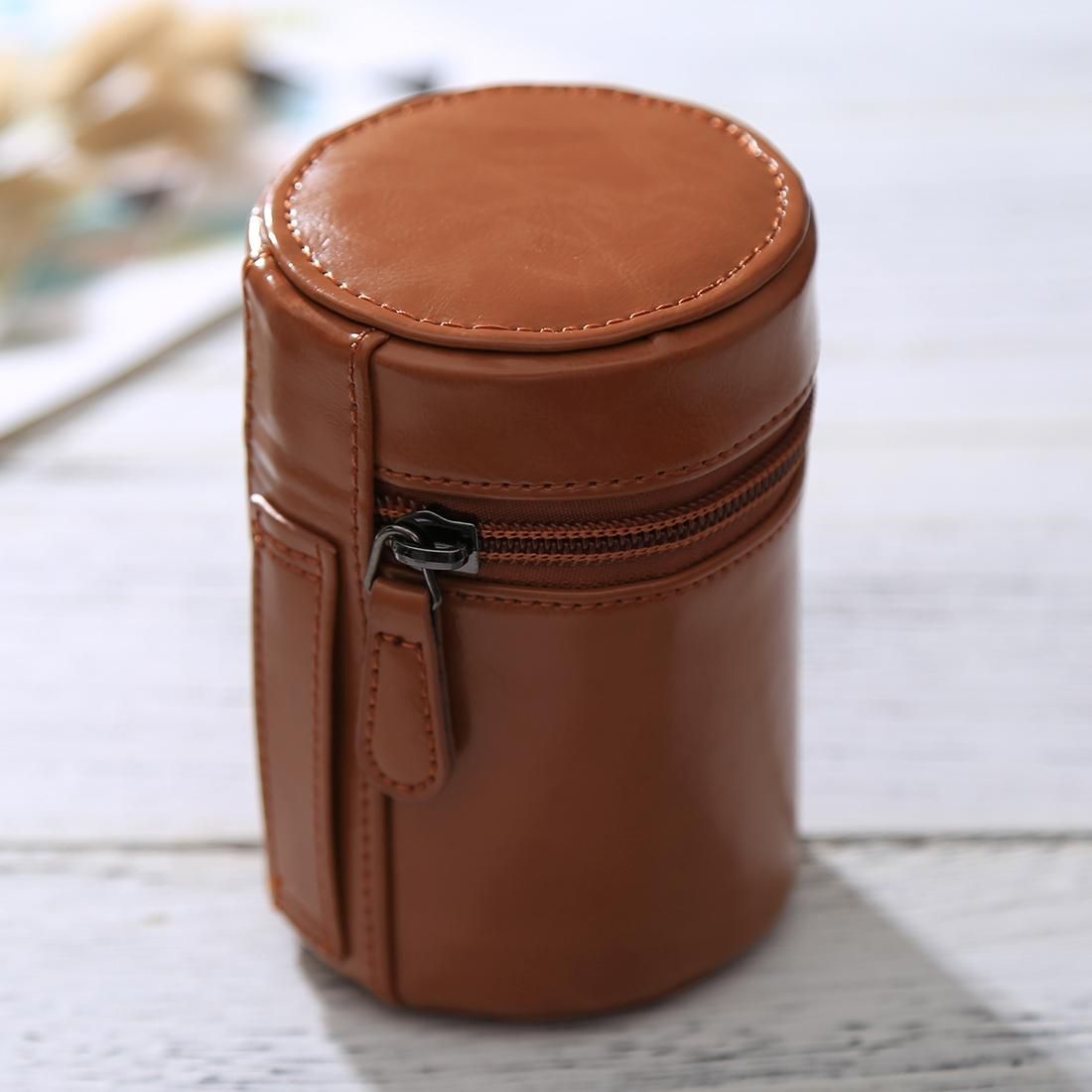 Small Lens Case Zippered PU Leather Pouch Box for DSLR Camera Lens, Size: 11x8x8cm (Brown)
