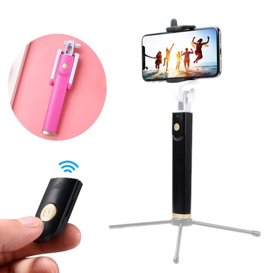 K08 Portable Foldable Wireless Bluetooth Shutter Remote Selfie Stick for iPhone and Android Phones, Tripod is not Included (Pink)