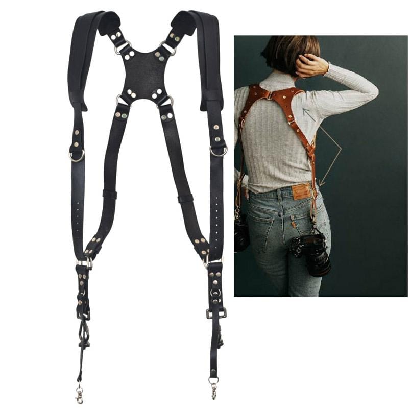Quick Release Anti-Slip Dual Shoulder Genuine Leather Harness Camera Strap with Metal Hook for SLR / DSLR Cameras (Black)
