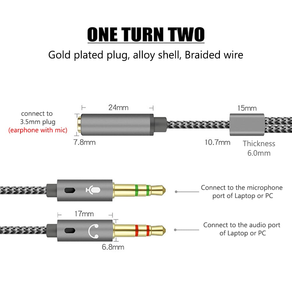 2 in 1 3.5MM Jack 1 Female to 2 Male Adapter Cable Stereo
