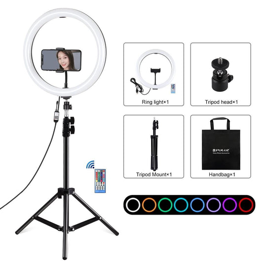 PULUZ 11.8 inch 30cm RGBW Light + 1.1m Tripod Mount Curved Surface Dimmable LED Dual Color Temperature LED Ring Vlogging Video Light  Live Broadcast Kits with Cold Shoe Tripod Ball Head & Phone Clamp & Remote Control (Black)