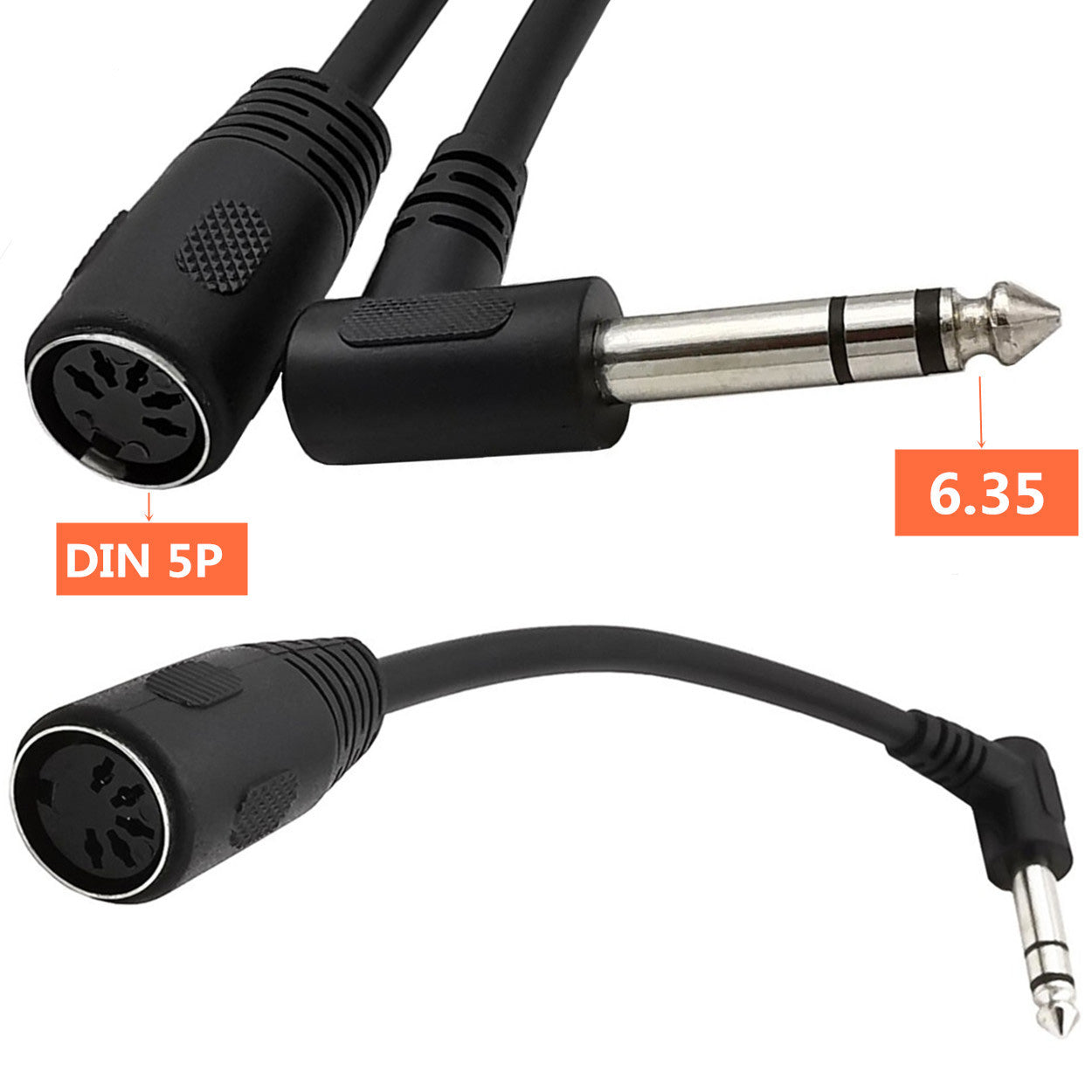 Uniqkart 0.2m 6.35mm Male to 5 Pin Female MIDI Cable 90-Degree PVC Audio Adapter Cord