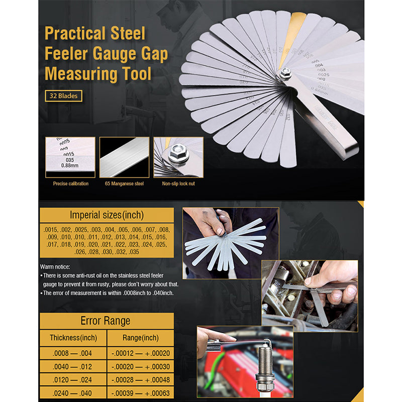 32 Blades Feeler Gauge Stainless Steel Dual Marked Metric and Imperial Gap Measuring Tool for Guitar Bass