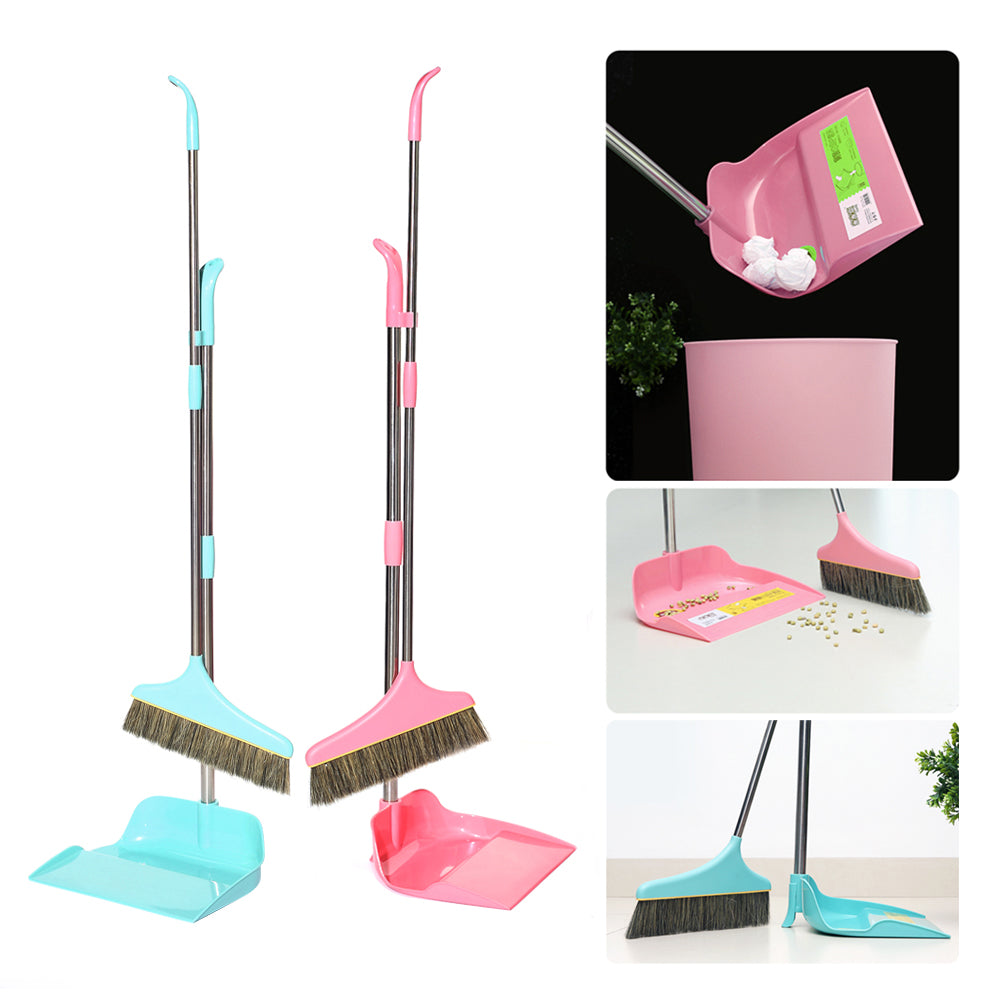 Patented Design Long Handle Broom + Side Dump Dust Pan Combo Kit (Pink + Blue 2 Sets)