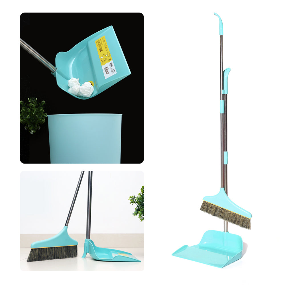 Patented Design Long Handle Broom + Side Dump Dust Pan Combo Kit (Pink + Blue 2 Sets)