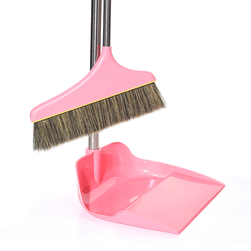 Patented Design Long Handle Broom + Side Dump Dust Pan Combo Kit (Pink + Blue 2 Sets)