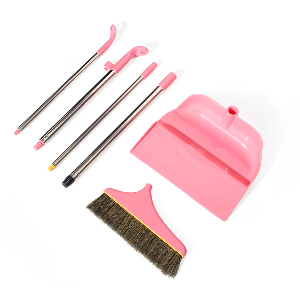 Patented Design Long Handle Broom + Side Dump Dust Pan Combo Kit (Pink + Blue 2 Sets)