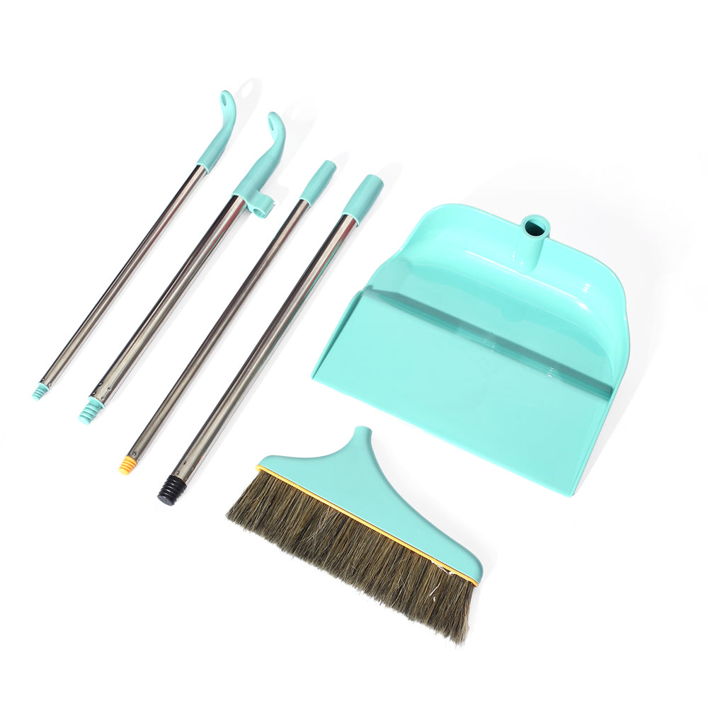 Patented Design Long Handle Broom + Side Dump Dust Pan Combo Kit (Pink + Blue 2 Sets)