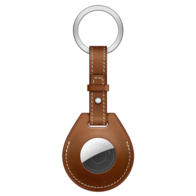 JIUYU Genuine Leather Anti-Scratch Protective Cover Case with Metal Key Ring (M Style) for Apple AirTag - Brown