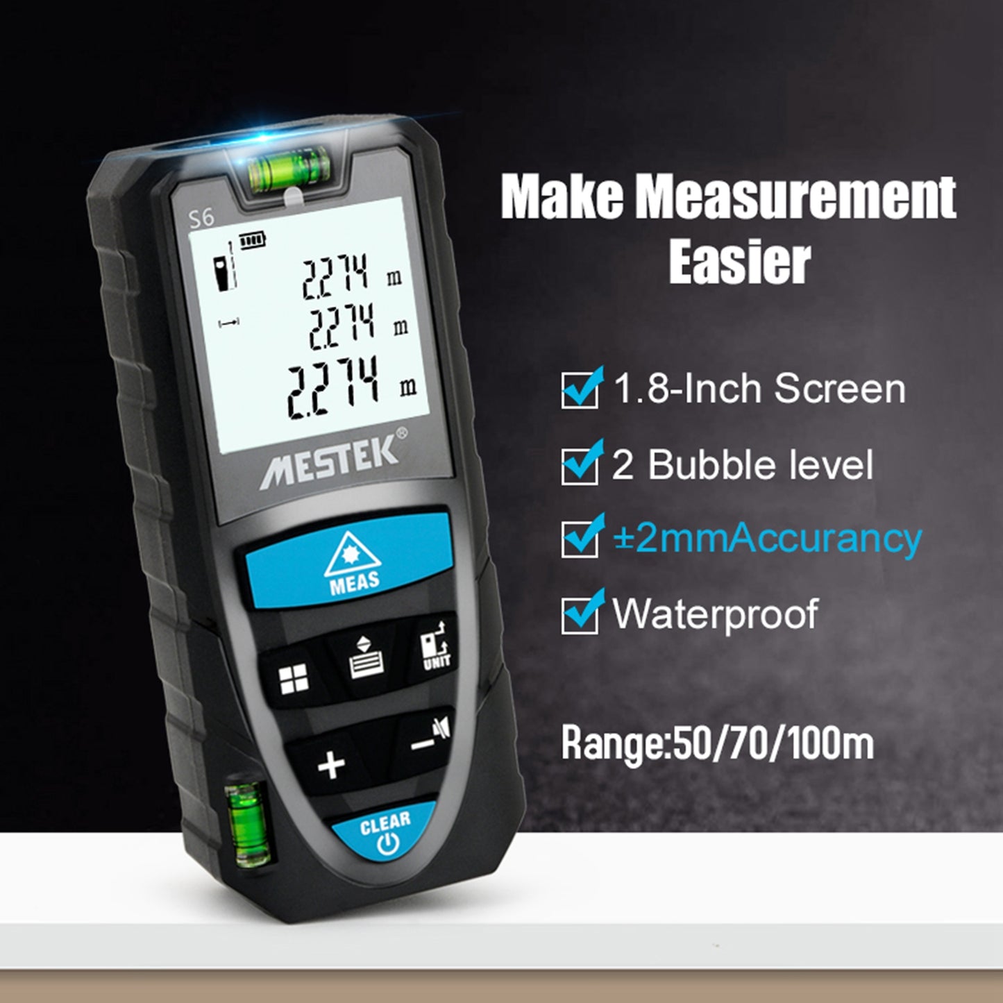 Uniqkart S6 Multifunction Distance Meter Laser Measure Meter 50m/164ft Digital Screen Portable Area Volume Measure Tool