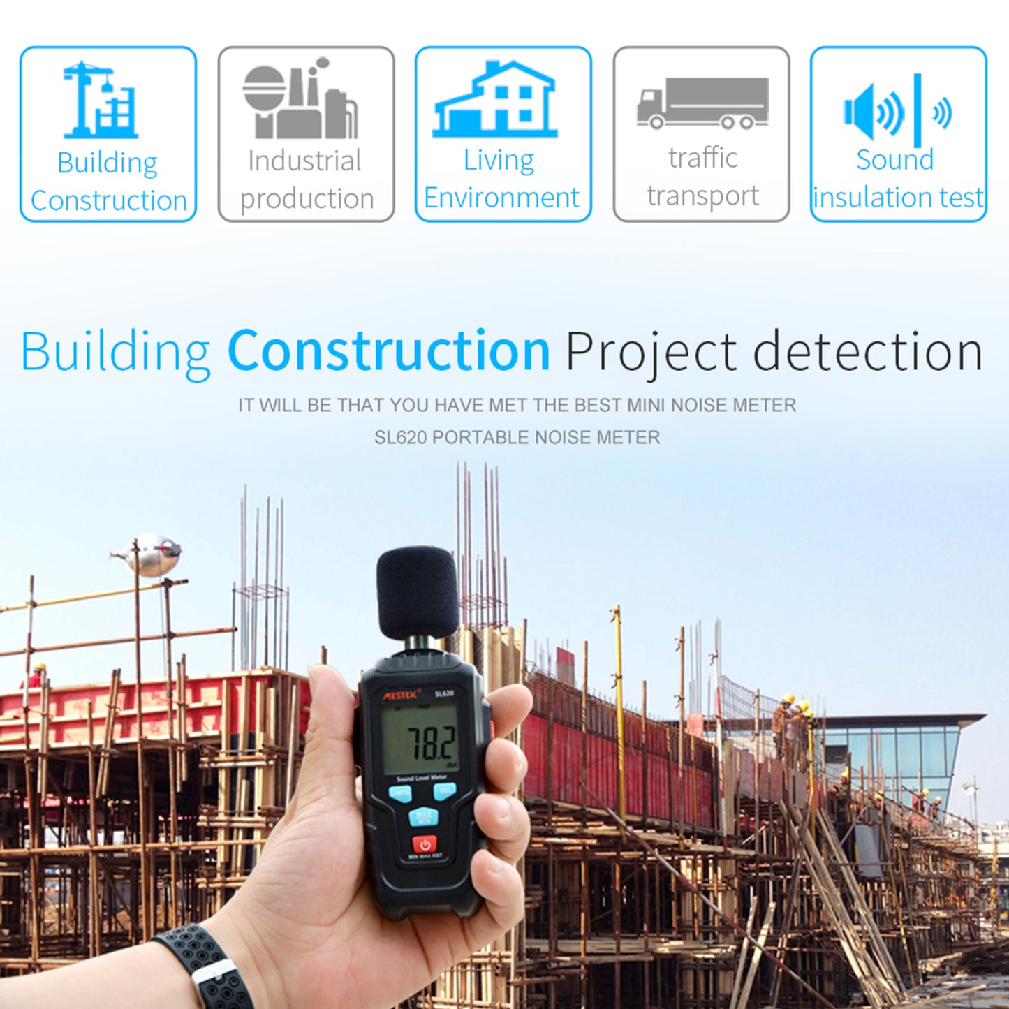 Uniqkart SL620 LCD Digital Audio Decibel Meter 35-135dB Sound Level Meter Noise Level Meter Sound Monitor Noise Measurement Tool