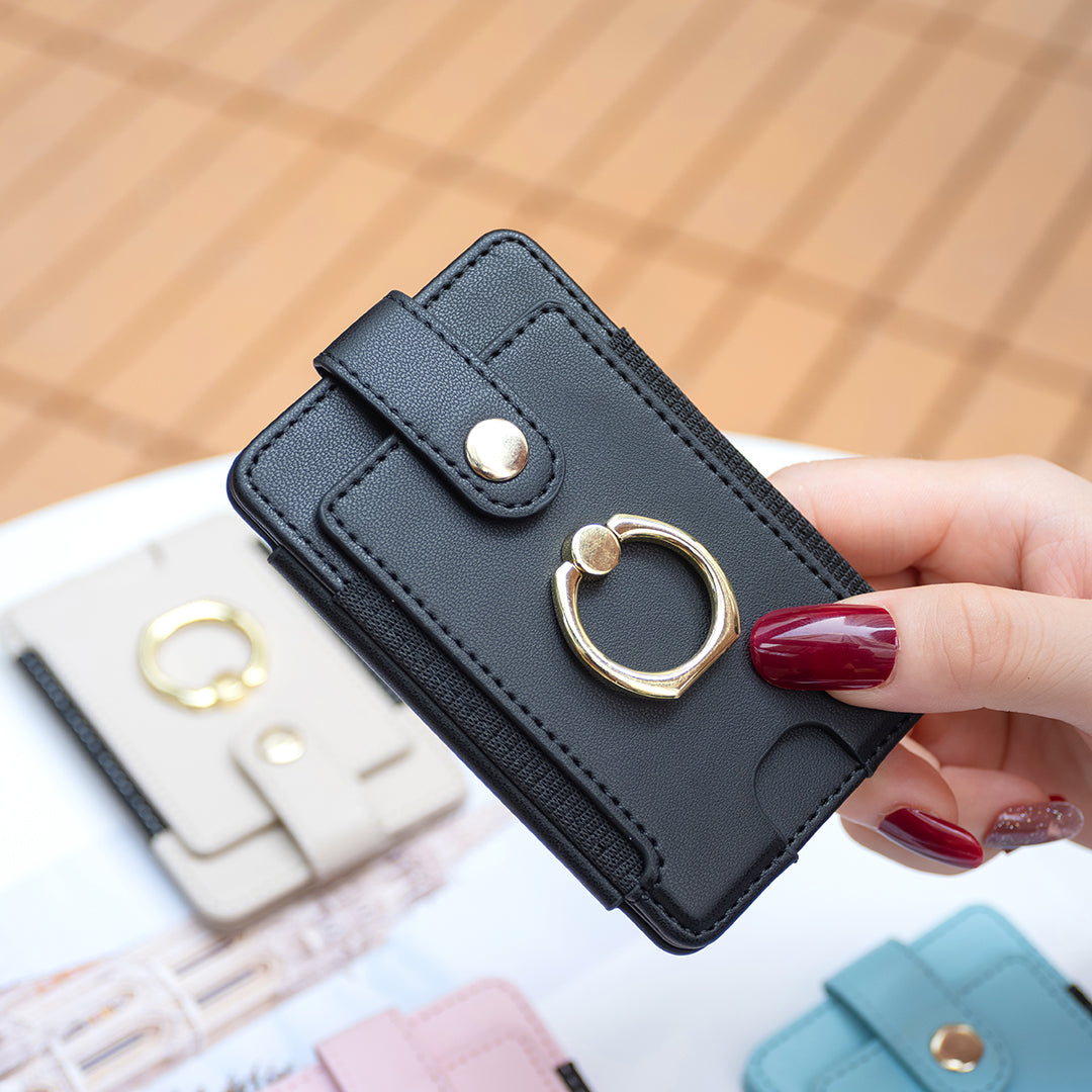 BFK03 Self-adhesive Phone Back Card Holder PU Leather Card Bag with Finger Ring Holder - Black