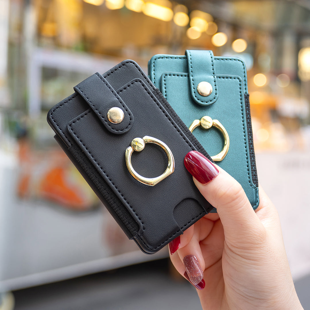 BFK03 Self-adhesive Phone Back Card Holder PU Leather Card Bag with Finger Ring Holder - Black
