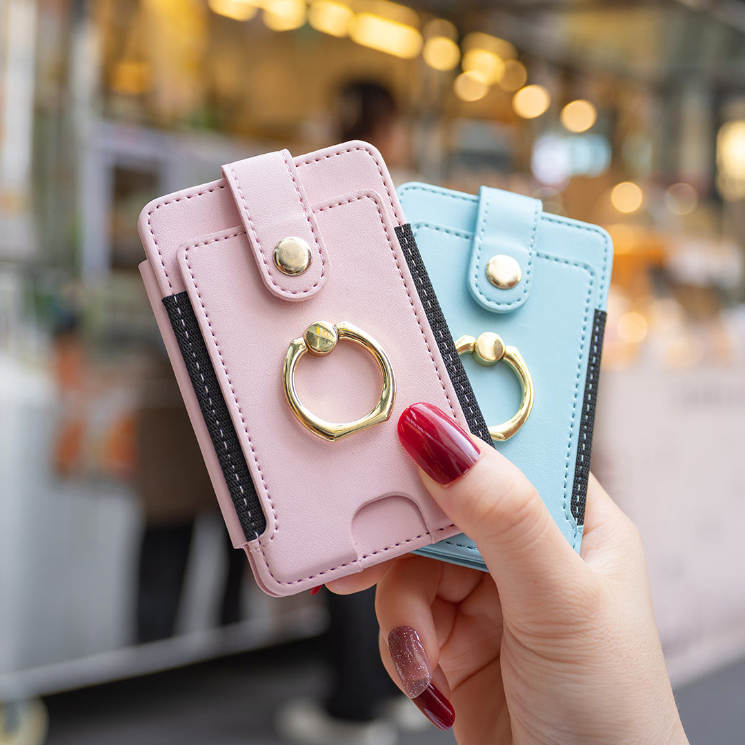 BFK03 Self-adhesive Phone Back Card Holder PU Leather Card Bag with Finger Ring Holder - Pink